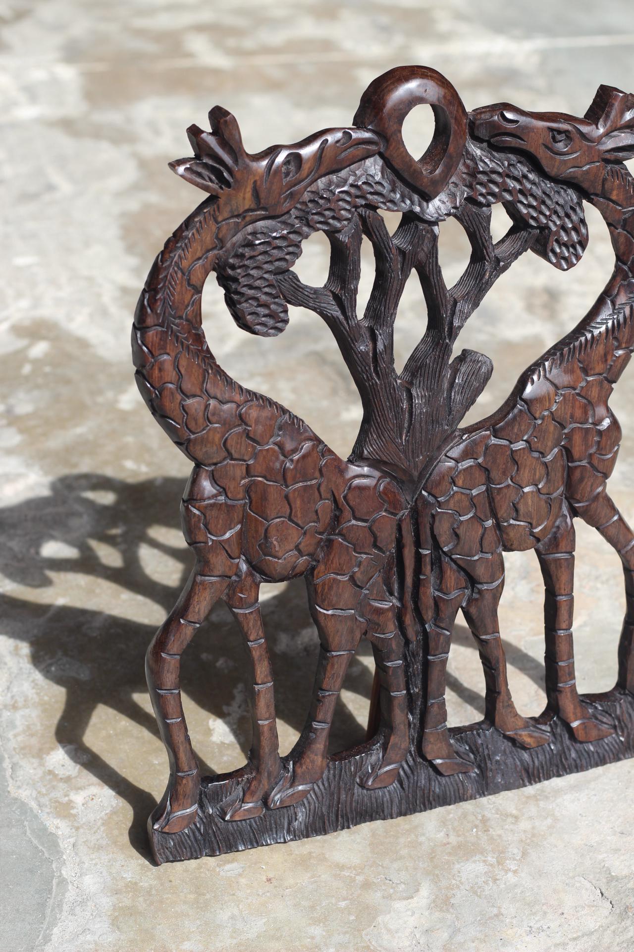 Handcarved Iron Wood Giraffe Wall Art, Kissing Giraffes Wedding Gift