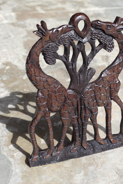 Handcarved Iron Wood Giraffe Wall Art, Kissing Giraffes Wedding Gift