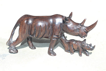 Iron wood Malawian style Rhinoceros mother and calf figurine. Handcarved Unique African animal Decor. Ready to Ship Mothers day gift.