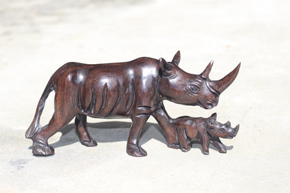 Iron wood Malawian style Rhinoceros mother and calf figurine. Handcarved Unique African animal Decor. Ready to Ship Mothers day gift.