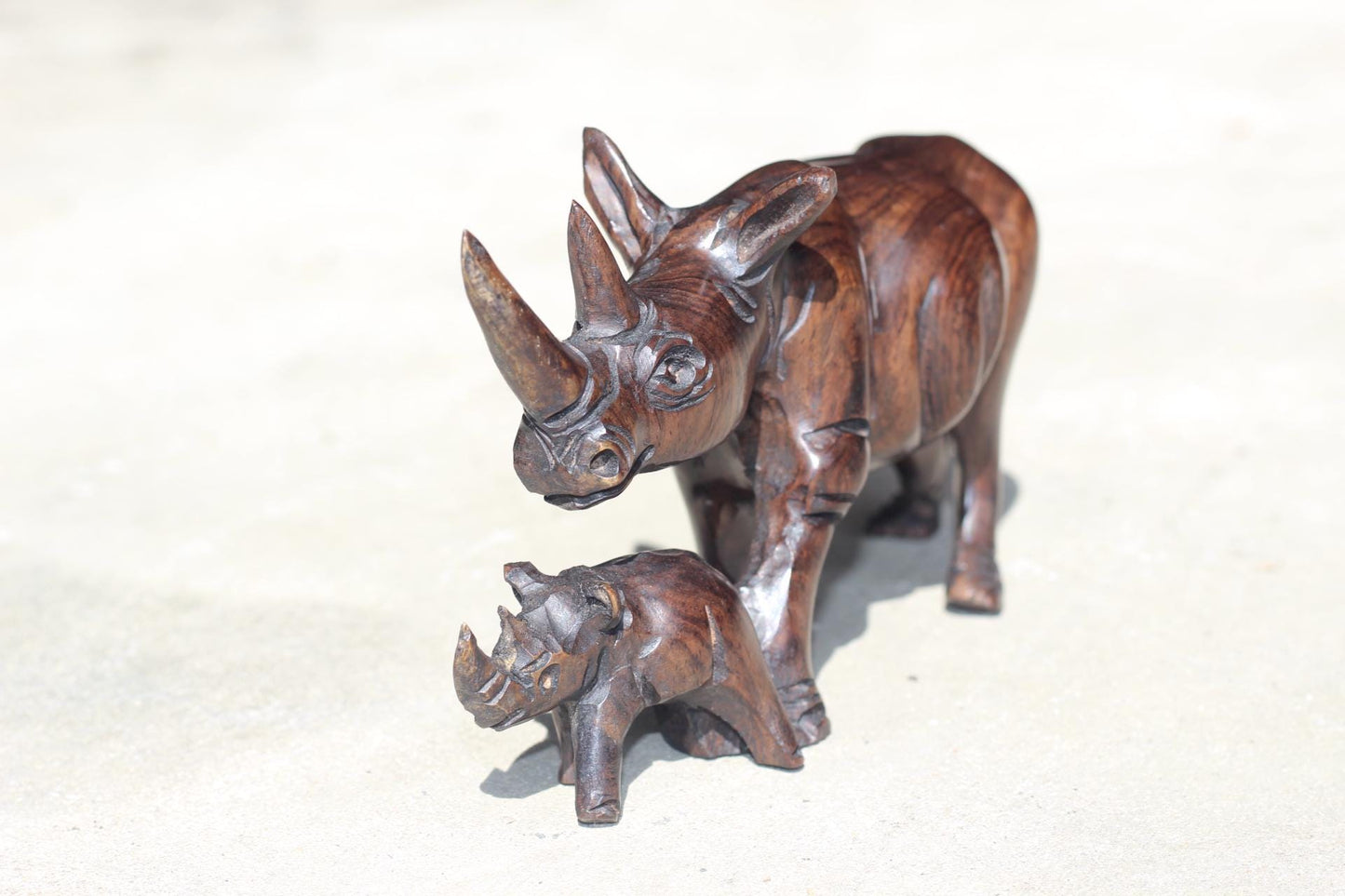 Iron wood Malawian style Rhinoceros mother and calf figurine. Handcarved Unique African animal Decor. Ready to Ship Mothers day gift.