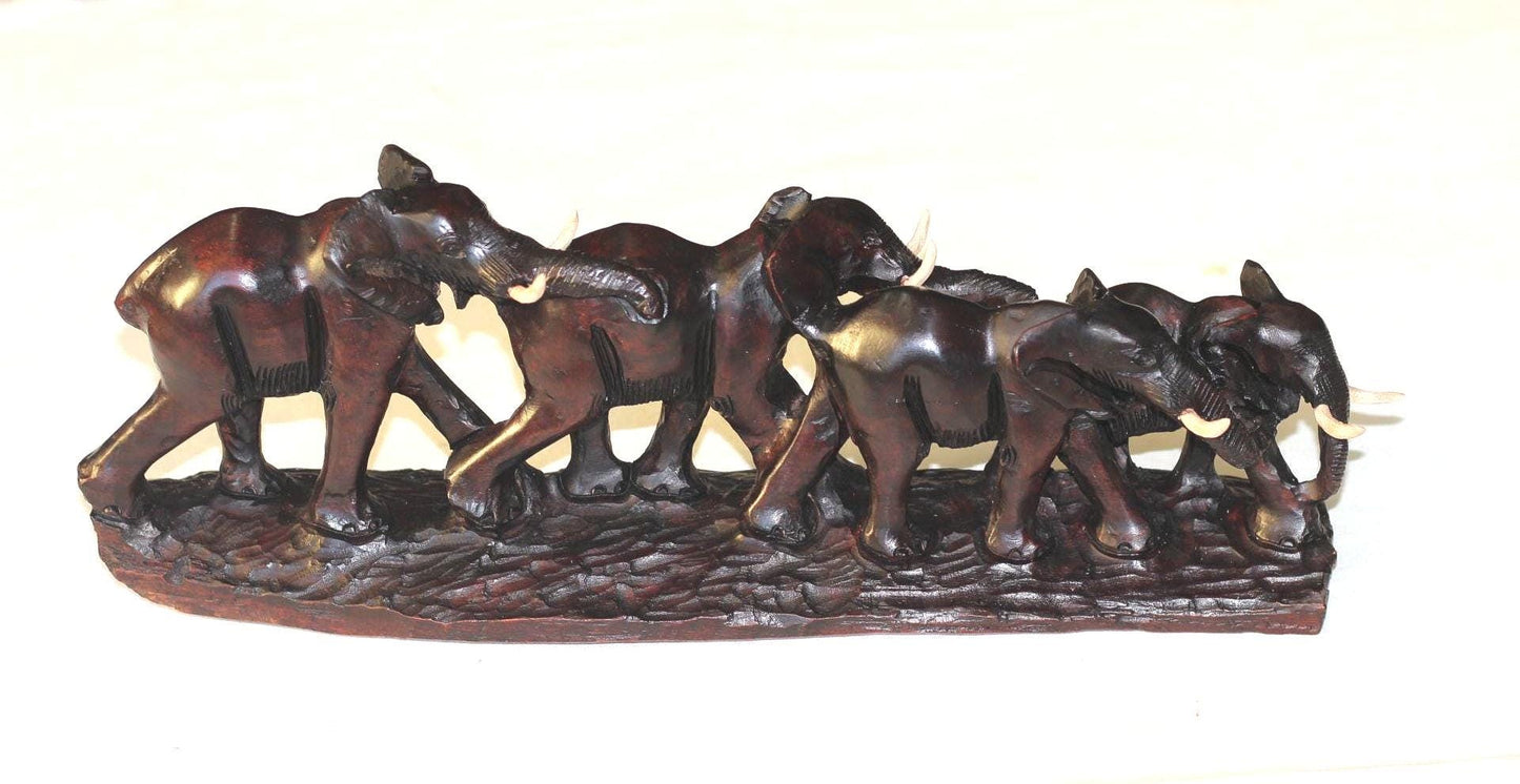 Herd of 4 or 6 Iron Wood Carved Elephant herd. African hardwood set of Safari Gentle Giants. Christmas Gift figurines / Sculptures deco art.