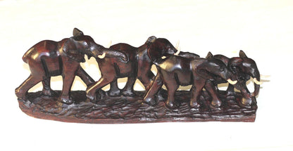 Herd of 4 or 6 Iron Wood Carved Elephant herd. African hardwood set of Safari Gentle Giants. Christmas Gift figurines / Sculptures deco art.