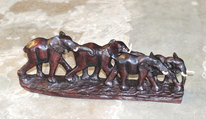 Herd of 4 or 6 Iron Wood Carved Elephant herd. African hardwood set of Safari Gentle Giants. Christmas Gift figurines / Sculptures deco art.