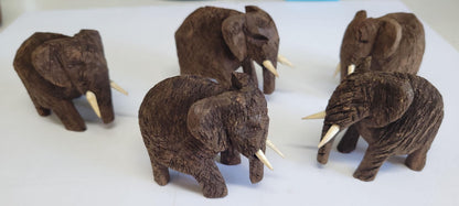 Troupeau de 5 éléphants en bois sculptés Dolf/Mukwa/Kiaat. Ensemble africain en teck de Safari Gentle Giants. Mini figurines en bois / Sculptures art déco