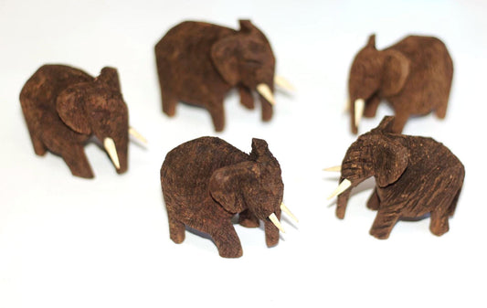Herd of 5 Carved Dolf/Mukwa/Kiaat Wood Elephants. African teakwood set of Safari Gentle Giants. Mini wooden figurines / Sculptures deco art
