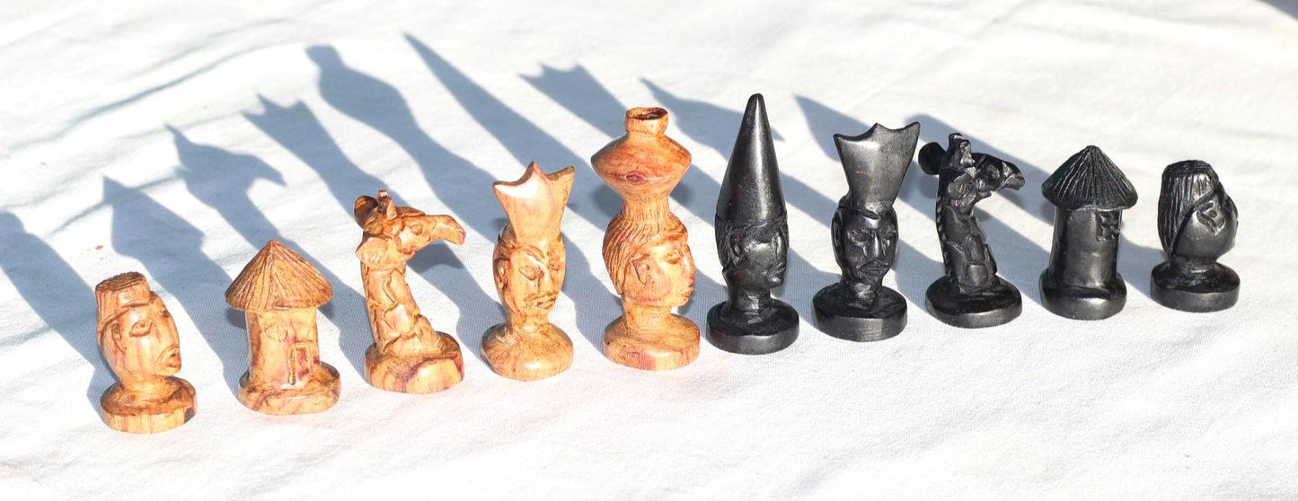 African theme Makonde tribal Chess Pieces set with Giraffe knights. Ebony and Mahogany Wood art. Full set gaming pieces no board. Game gifts