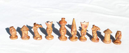 African theme Makonde tribal Chess Pieces set with Giraffe knights. Ebony and Mahogany Wood art. Full set gaming pieces no board. Game gifts