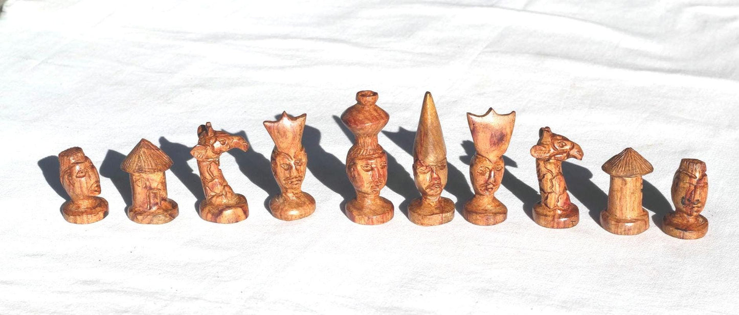 African theme Makonde tribal Chess Pieces set with Giraffe knights. Ebony and Mahogany Wood art. Full set gaming pieces no board. Game gifts