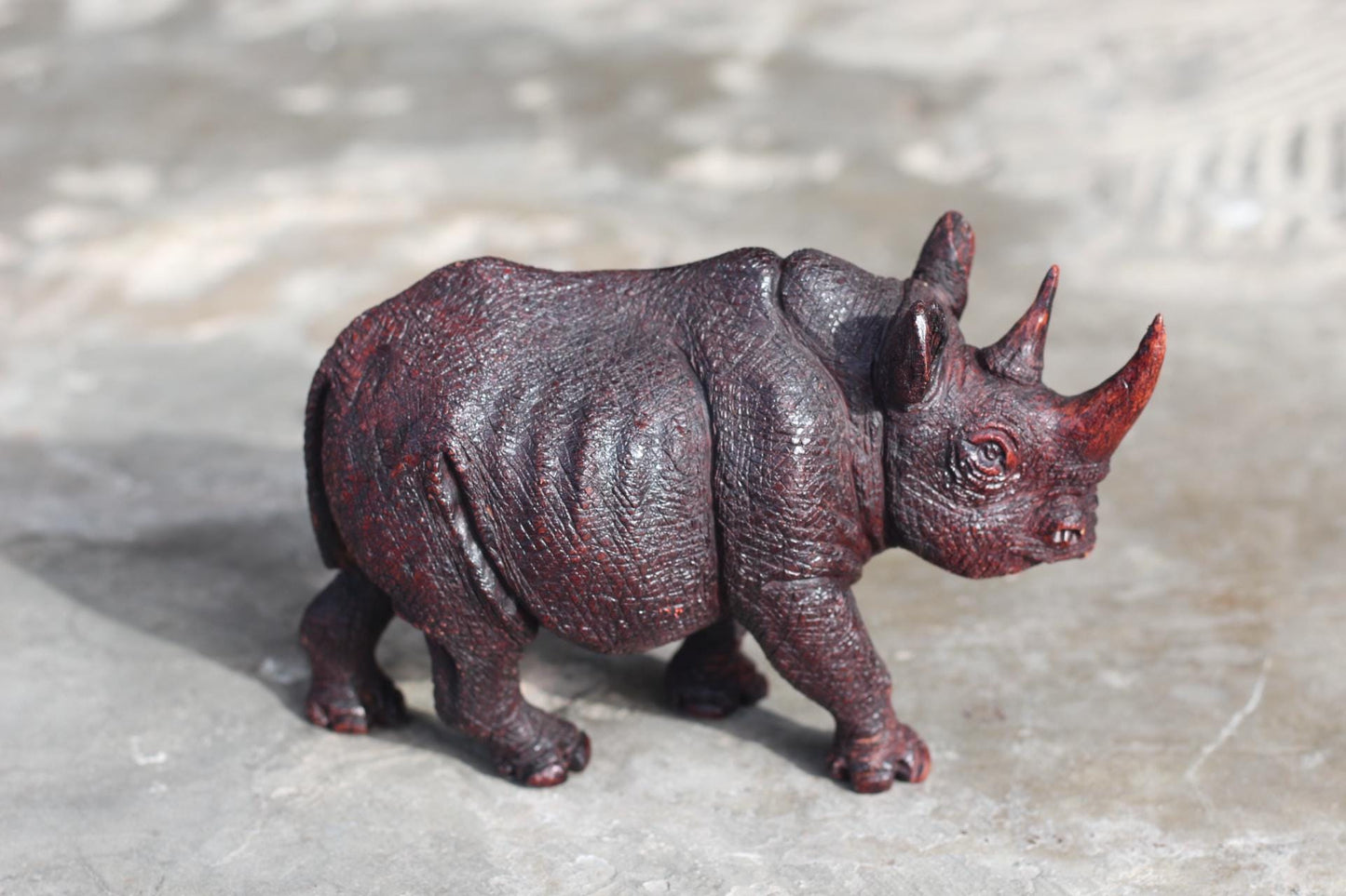 Realistic Walking Rhino Carving Ironwood Sculpture. Zimbabwean hand carved fully detailed lifelike art figurine. Ready to Ship Worldwide