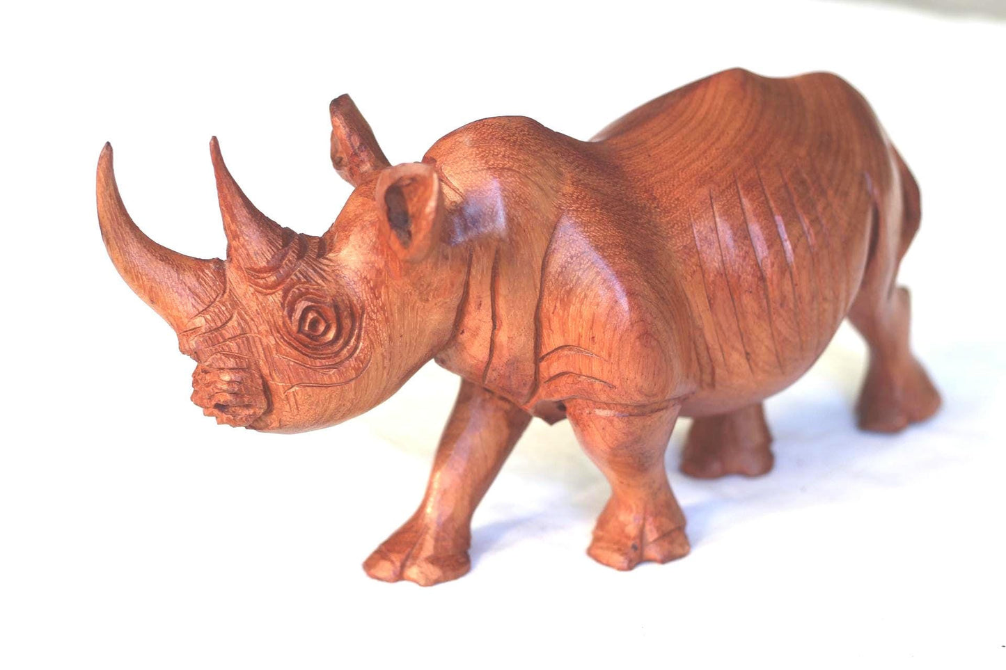 Lifelike Mahogany wood Rhino Figurine. Handcarved light brown, smooth skin walking animal art sculpture. Home and Office Decor Ready to Ship