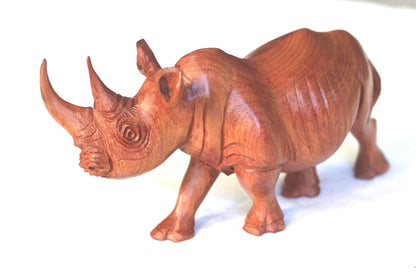 Lifelike Mahogany wood Rhino Figurine. Handcarved light brown, smooth skin walking animal art sculpture. Home and Office Decor Ready to Ship