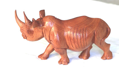 Lifelike Mahogany wood Rhino Figurine. Handcarved light brown, smooth skin walking animal art sculpture. Home and Office Decor Ready to Ship