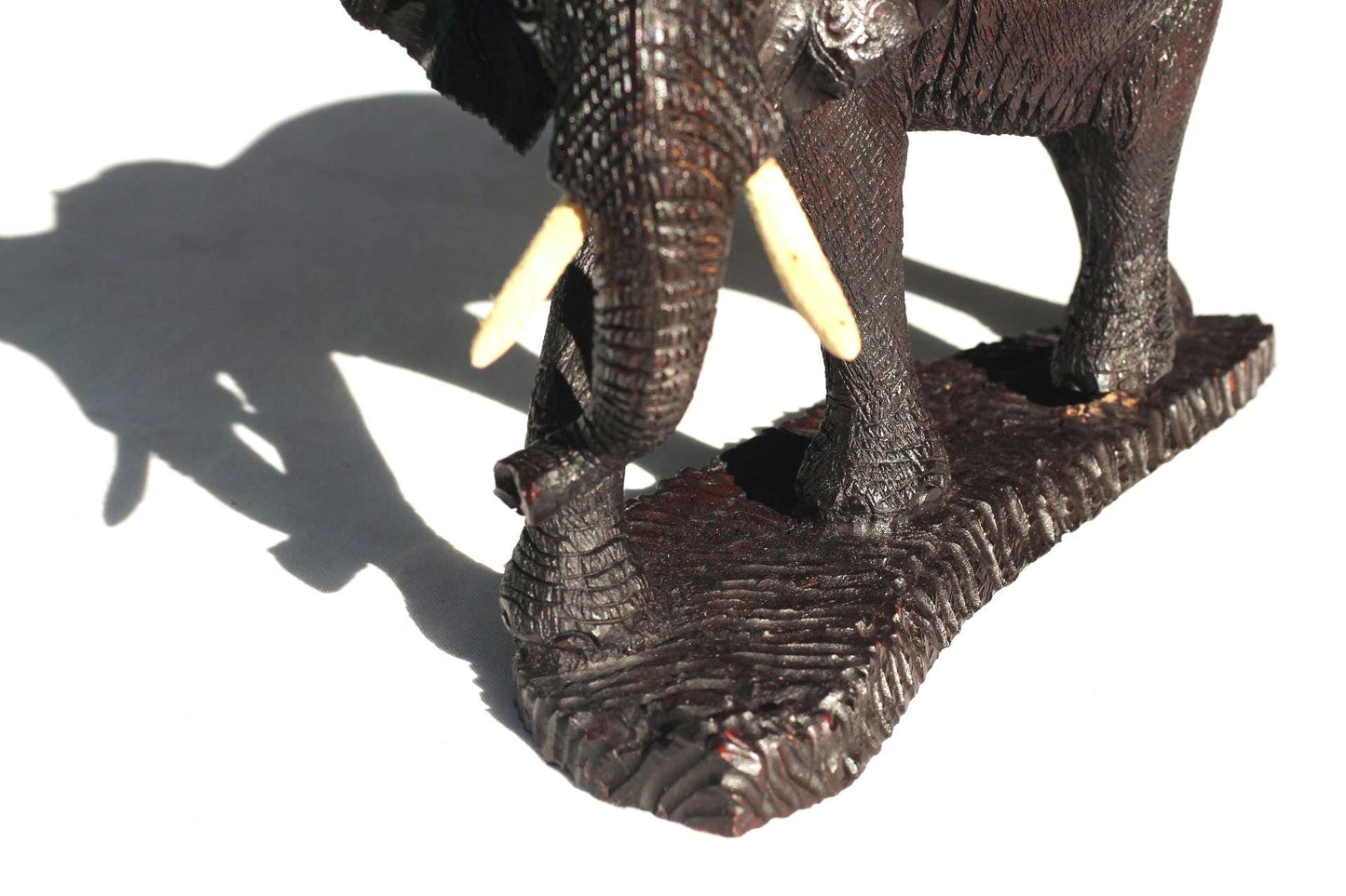 Ironwood handcarved Walking Elephant on a wooden base. Detailed skin dark brown Sculpture. Zimbabwe/African Art Décor gift ready to Ship