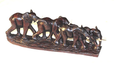 Herd of 4 or 6 Iron Wood Carved Elephant herd. African hardwood set of Safari Gentle Giants. Christmas Gift figurines / Sculptures deco art.