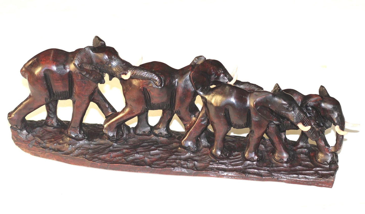 Herd of 4 or 6 Iron Wood Carved Elephant herd. African hardwood set of Safari Gentle Giants. Christmas Gift figurines / Sculptures deco art.