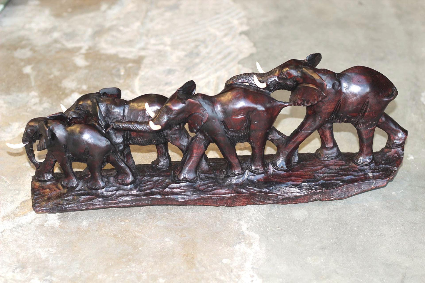 Herd of 4 or 6 Iron Wood Carved Elephant herd. African hardwood set of Safari Gentle Giants. Christmas Gift figurines / Sculptures deco art.