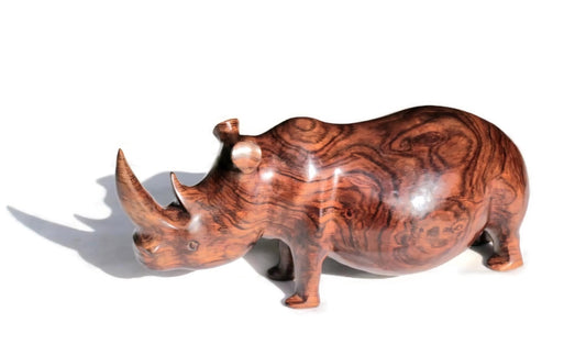 Ironwood Carved Rhino Long Horn Sculpture. Zambian handmade smooth figurines. Unique African Gifts for home/Office Decor. Ready to Ship Art