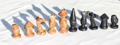 African theme Makonde tribal Chess Pieces set with Giraffe knights. Ebony and Mahogany Wood art. Full set gaming pieces no board. Game gifts