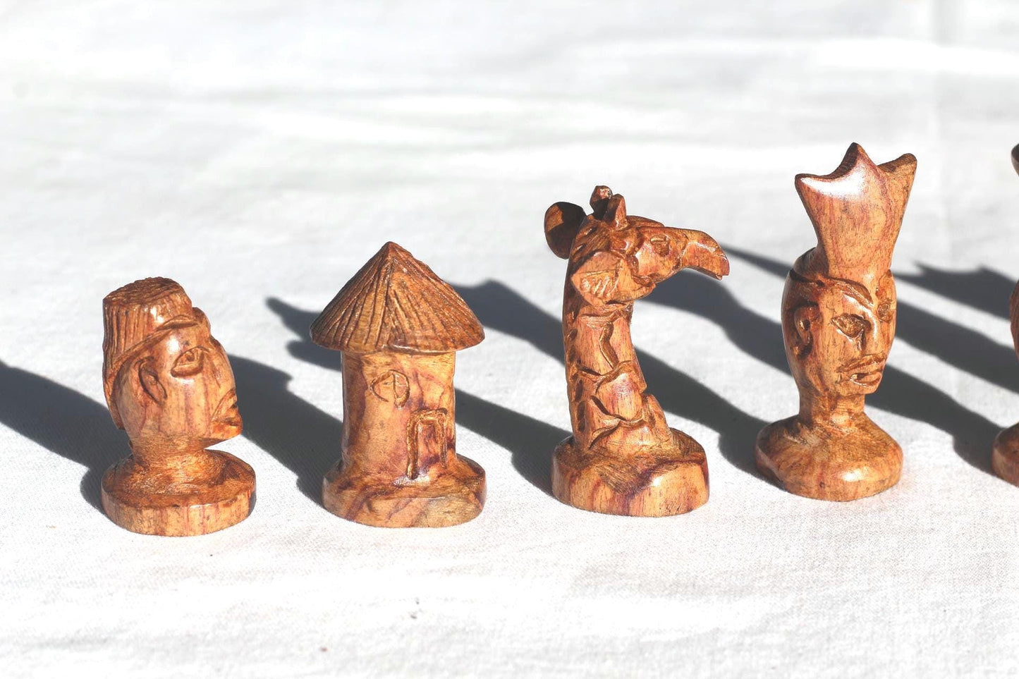 African theme Makonde tribal Chess Pieces set with Giraffe knights. Ebony and Mahogany Wood art. Full set gaming pieces no board. Game gifts