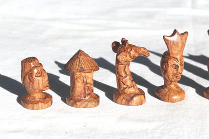 African theme Makonde tribal Chess Pieces set with Giraffe knights. Ebony and Mahogany Wood art. Full set gaming pieces no board. Game gifts