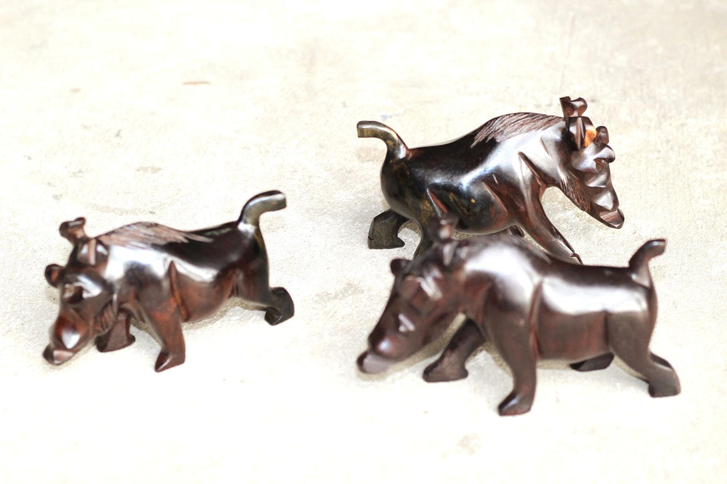 Set of 3 Fine Art Wild Boar /Warthog Ebony wood Handcarved figurine. Zambian Wildlife Carving. Smooth African Masterpiece Pig Art Decor Gift