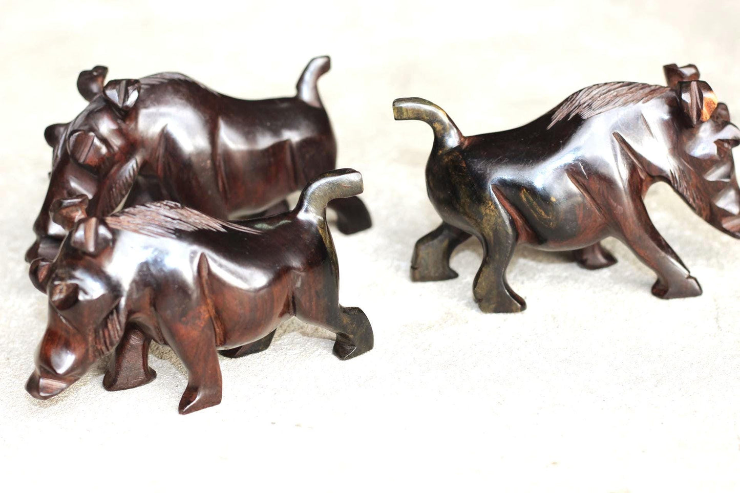 Set of 3 Fine Art Wild Boar /Warthog Ebony wood Handcarved figurine. Zambian Wildlife Carving. Smooth African Masterpiece Pig Art Decor Gift