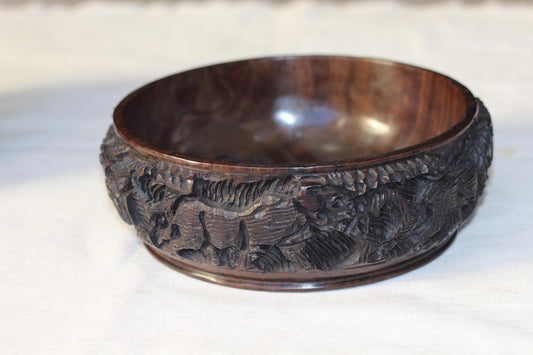 Floating Style African Big 5 Iron Wood Storage Bowl. Malawian handcarved basin with animals and Tree Carvings. Ready to Ship Worldwide