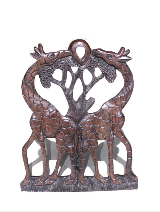 Handcarved Iron Wood Giraffe Wall Art, Kissing Giraffes Wedding Gift