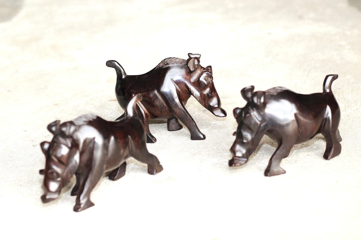 Set of 3 Fine Art Wild Boar /Warthog Ebony wood Handcarved figurine. Zambian Wildlife Carving. Smooth African Masterpiece Pig Art Decor Gift