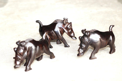 Set of 3 Fine Art Wild Boar /Warthog Ebony wood Handcarved figurine. Zambian Wildlife Carving. Smooth African Masterpiece Pig Art Decor Gift