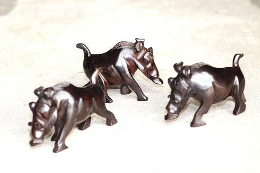 Set of 3 Fine Art Wild Boar /Warthog Ebony wood Handcarved figurine. Zambian Wildlife Carving. Smooth African Masterpiece Pig Art Decor Gift