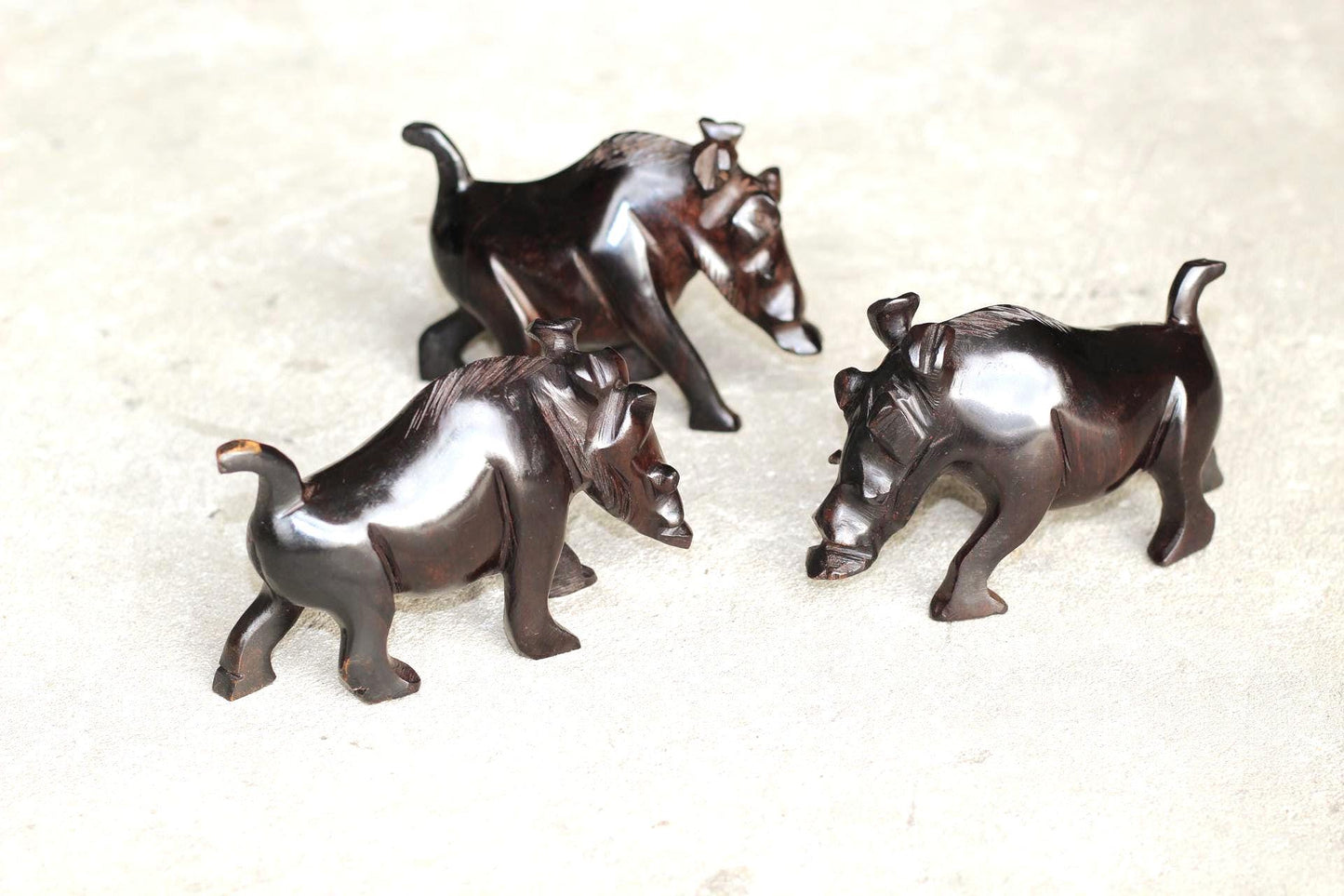 Set of 3 Fine Art Wild Boar /Warthog Ebony wood Handcarved figurine. Zambian Wildlife Carving. Smooth African Masterpiece Pig Art Decor Gift