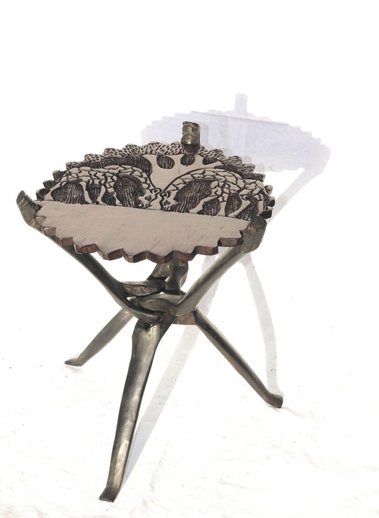Vintage Interlocking legs Foldable table with reversible top. Malawian Handcarved Iron Wood Side table with Carved Big Five Animals decor.