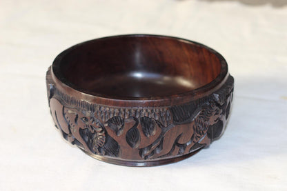 Floating Style African Big 5 Iron Wood Storage Bowl. Malawian handcarved basin with animals and Tree Carvings. Ready to Ship Worldwide