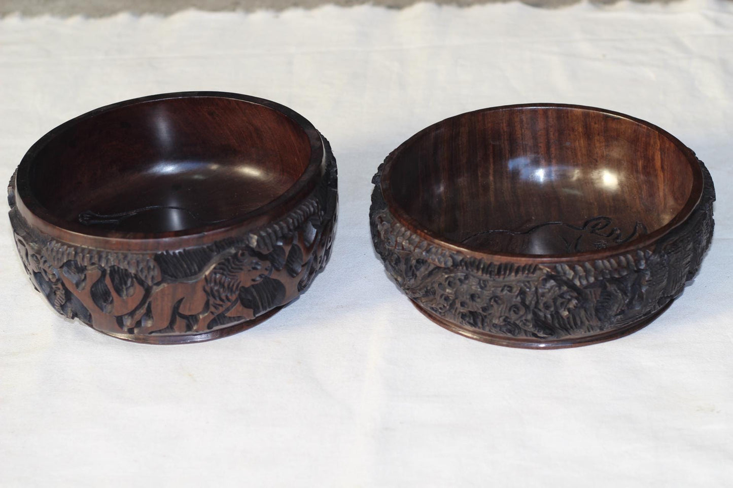 Floating Style African Big 5 Iron Wood Storage Bowl. Malawian handcarved basin with animals and Tree Carvings. Ready to Ship Worldwide