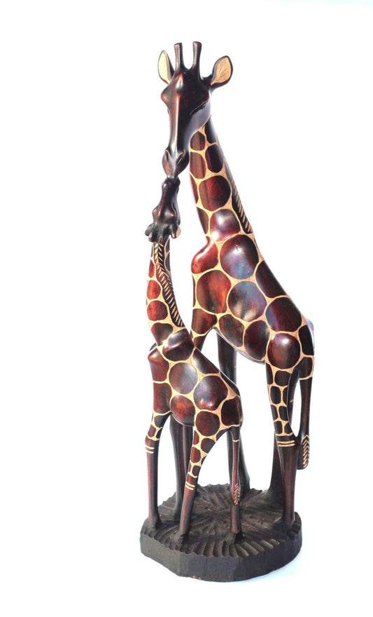Large Giraffe with Calf Dark Brown Gouged Olive Wood Art figurine. Zimbabwean handcarved Sculpture. Home/office African gifts. Ready to Ship