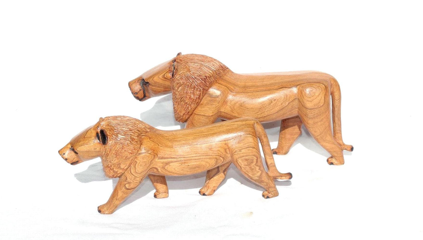 Olive wood Handcarved Walking Lion. Zimbabwean carved African Safari decor for home or office. Ready to Ship Art Gifts. Smooth brown Carving