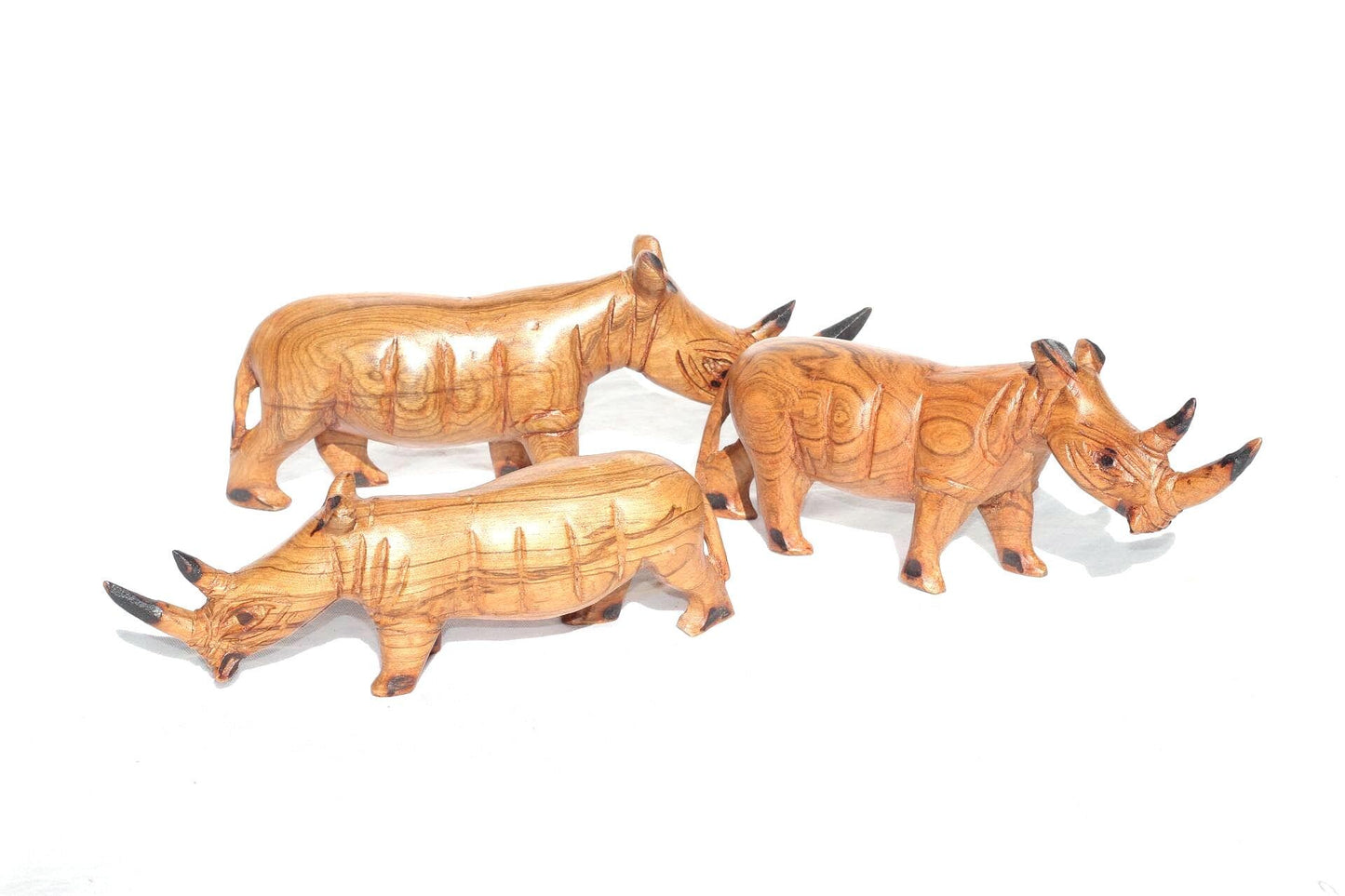 Olive wood Zimbabwean handcarved Rhino figurines. African Safari animals Art Decor. Handcrafted home/office decoration ready to ship gifts