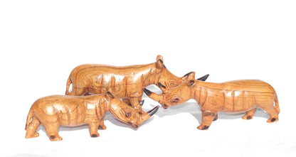 Olive wood Zimbabwean handcarved Rhino figurines. African Safari animals Art Decor. Handcrafted home/office decoration ready to ship gifts