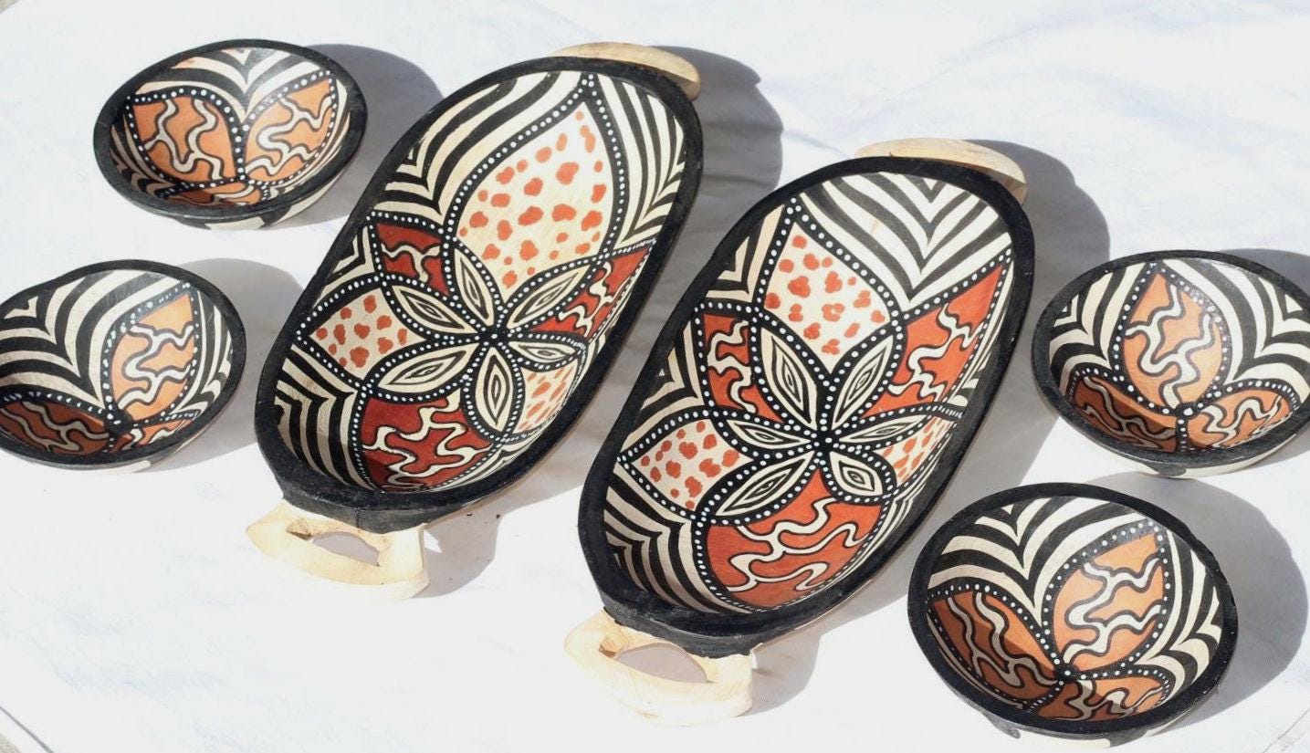 Set of 6 Zebra and Giraffe Print Olive wood Carved and Painted bowls. Lightweight wooden dry snacks bowls, African art, Animal print Decor
