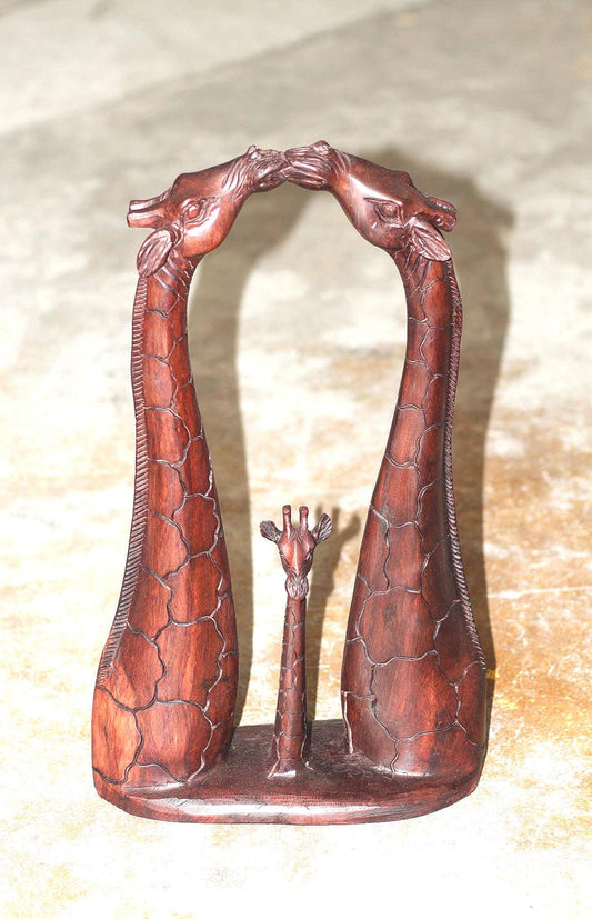 Fine Art Giraffe Necks Lovers, kissing with a calf. Zimbabwean handcarved Iron Wood Sculpture. Home/office Unique African gifts.