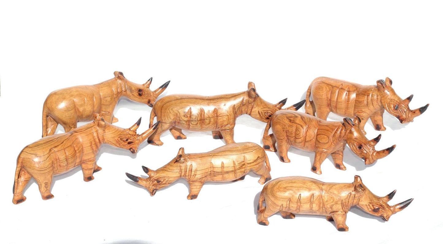 Olive wood Zimbabwean handcarved Rhino figurines. African Safari animals Art Decor. Handcrafted home/office decoration ready to ship gifts
