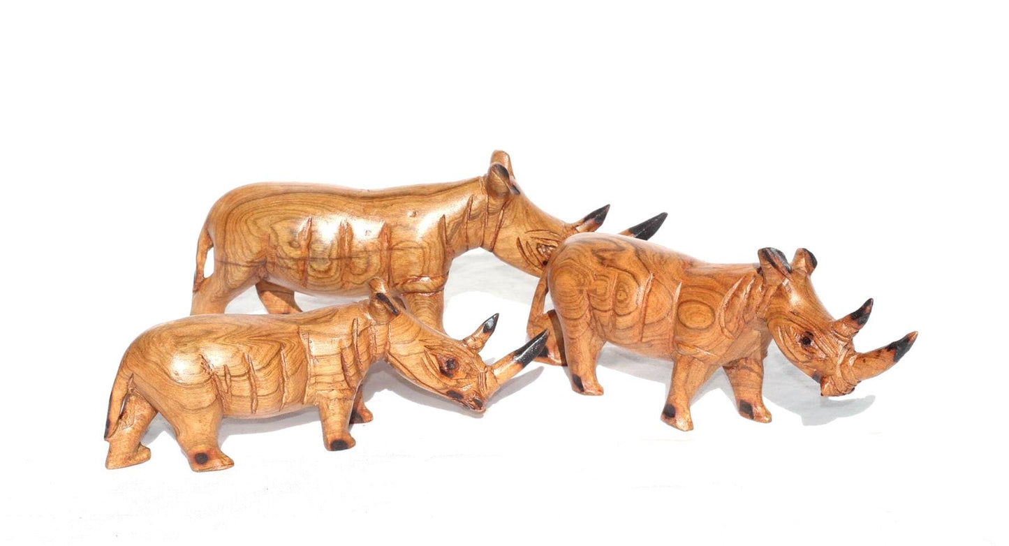 Olive wood Zimbabwean handcarved Rhino figurines. African Safari animals Art Decor. Handcrafted home/office decoration ready to ship gifts