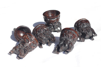 Set of 6 Elephant themed Egg Servers Ironwood African Hand carved bowls. Big 5 animals Carvings on the top bowls. Ready to Ship African gift