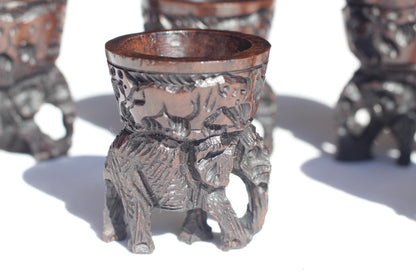 Set of 6 Elephant themed Egg Servers Ironwood African Hand carved bowls. Big 5 animals Carvings on the top bowls. Ready to Ship African gift