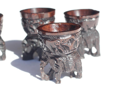 Set of 6 Elephant themed Egg Servers Ironwood African Hand carved bowls. Big 5 animals Carvings on the top bowls. Ready to Ship African gift