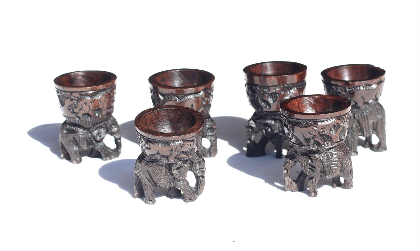 Set of 6 Elephant themed Egg Servers Ironwood African Hand carved bowls. Big 5 animals Carvings on the top bowls. Ready to Ship African gift