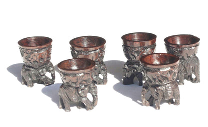 Set of 6 Elephant themed Egg Servers Ironwood African Hand carved bowls. Big 5 animals Carvings on the top bowls. Ready to Ship African gift