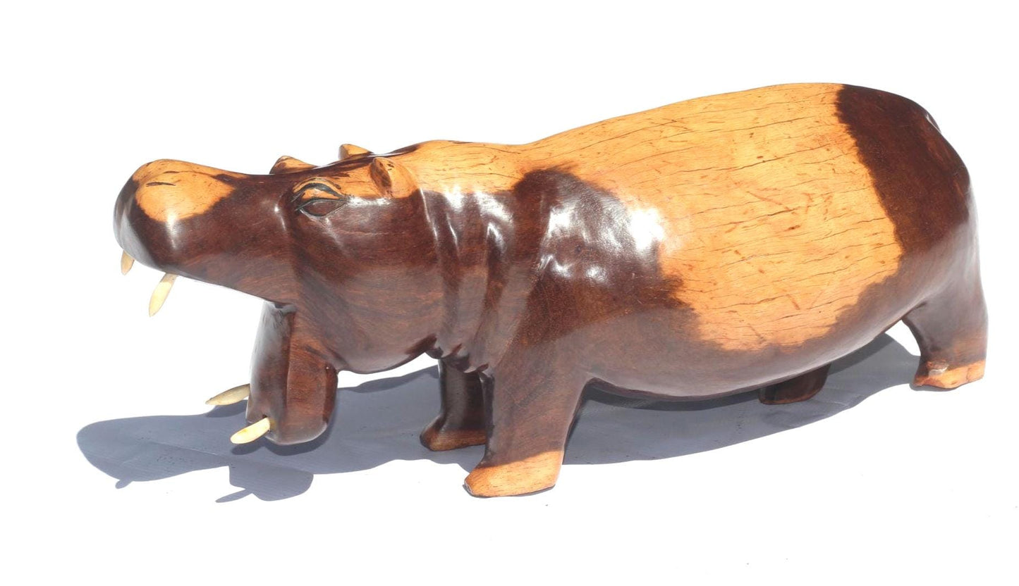 One of a kind Multi coloured Iron Wood Smooth Hand Carved Hippo with Mouth Open. African Handmade Art figurine/Christmas gift.
